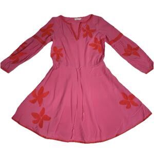 Tory Burch Sadie Pink Embroidered Floral Boho Dress Tassel Tie Resort Wear Sz 8